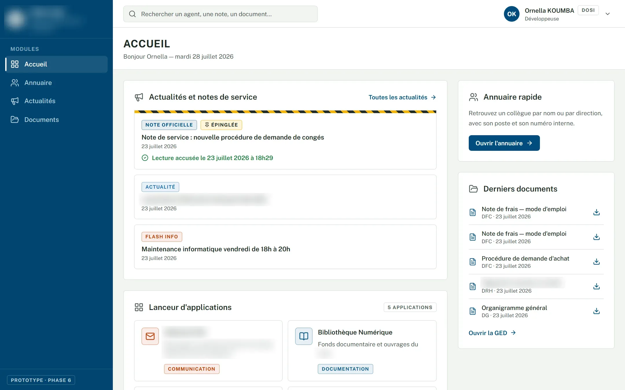 Tableau de bord du Hub Intranet : actualités avec accusé de lecture, lanceur d'applications, annuaire rapide et derniers documents